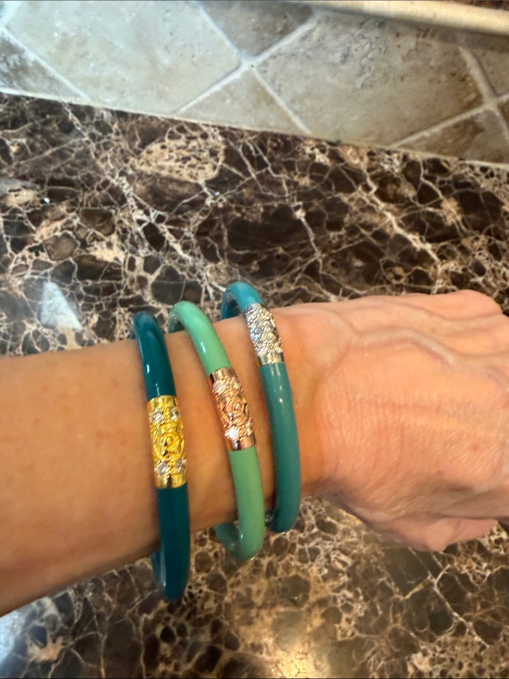 Buds Girl Teal and Mint Resin Bangle Set with Mixed Metal Accents.